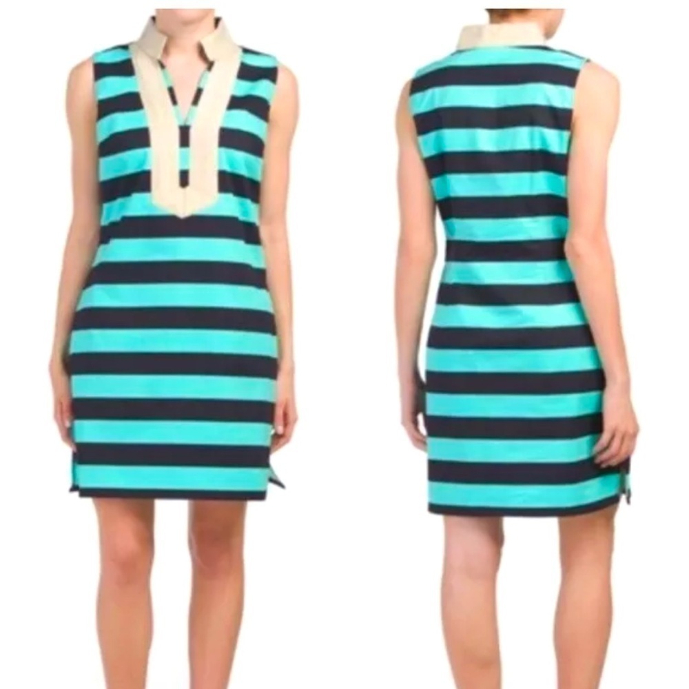 Sail to Sable Striped Shift Dress Gold Collar Trim Coastal Preppy M